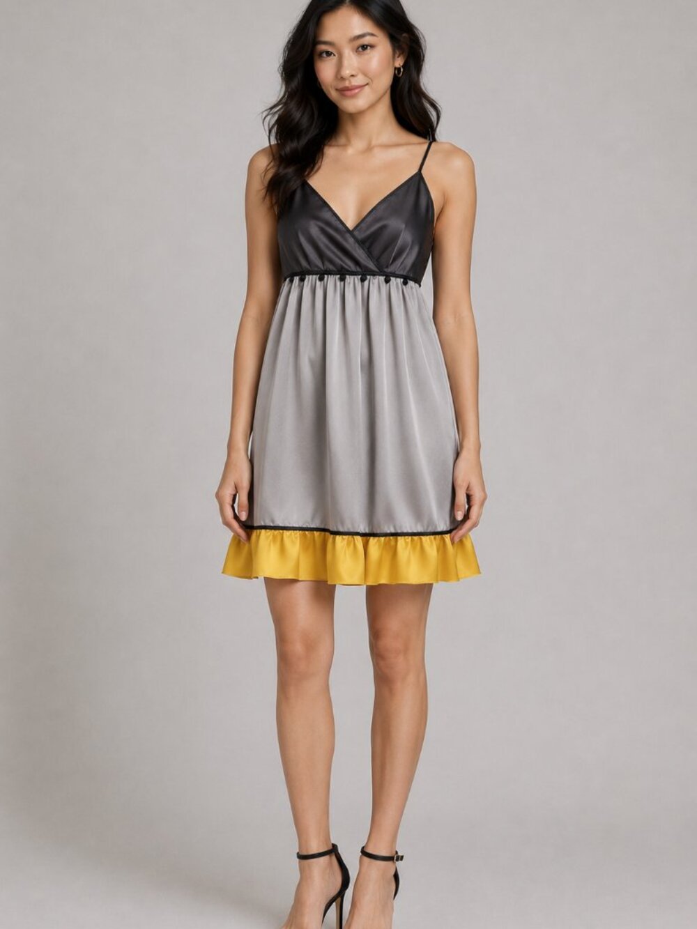 MINT ARNOLD GRAY & YELLOW SILK WITH POM POMS SLIP DRESS SIZE US 4 - Picture 1 of 12
